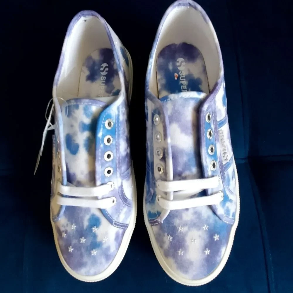 Superga White Embroidery Stars Blue Tie-dye Sneakers Size 10